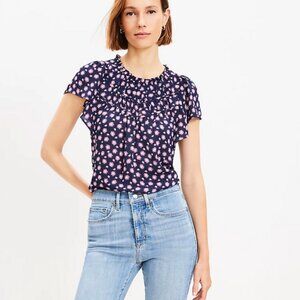 LOFT Floral Mixed Media Ruffle Top navy and pink xxl short sleeve blouse